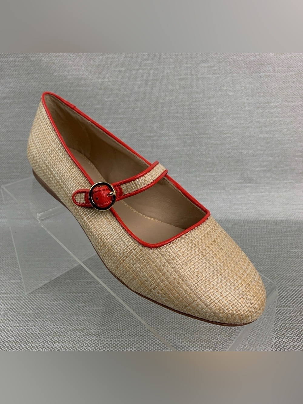 ANTONIO MELANI Natural Raffia Mary Jane Flats with Coral Trim